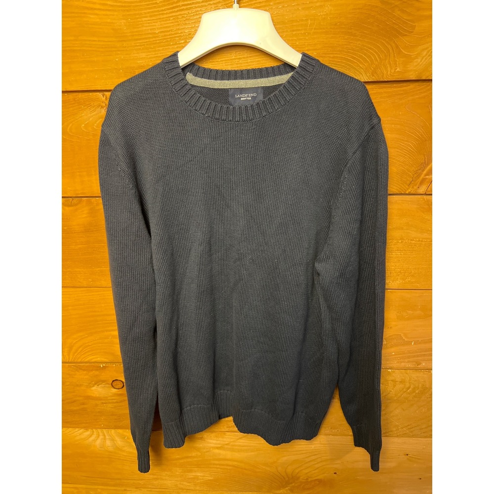 Lands End Drifter Men's Dark Gray Cotton Crew Neck Sweater L Winter Soft Casual‎